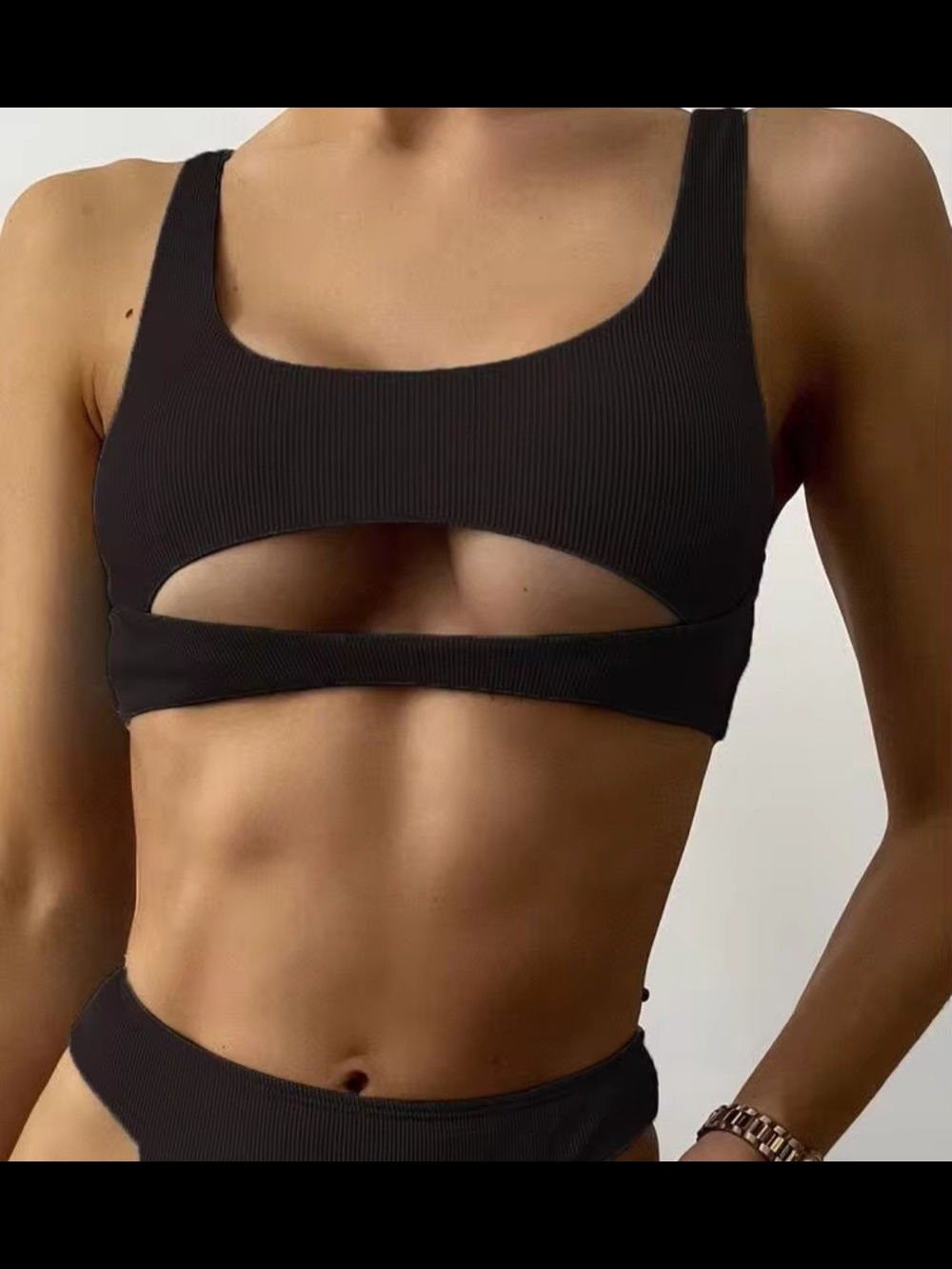 Black Ribbed Cutout Bikini Top